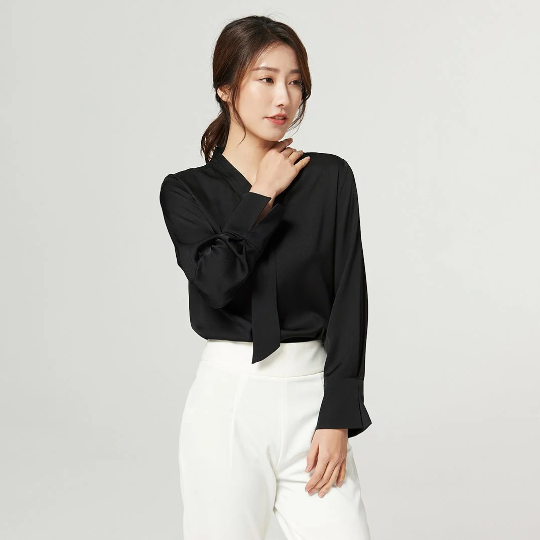Camisa de seda pura para mujer Blusas de seda de trabajo con cinta de morera - Imagen 9