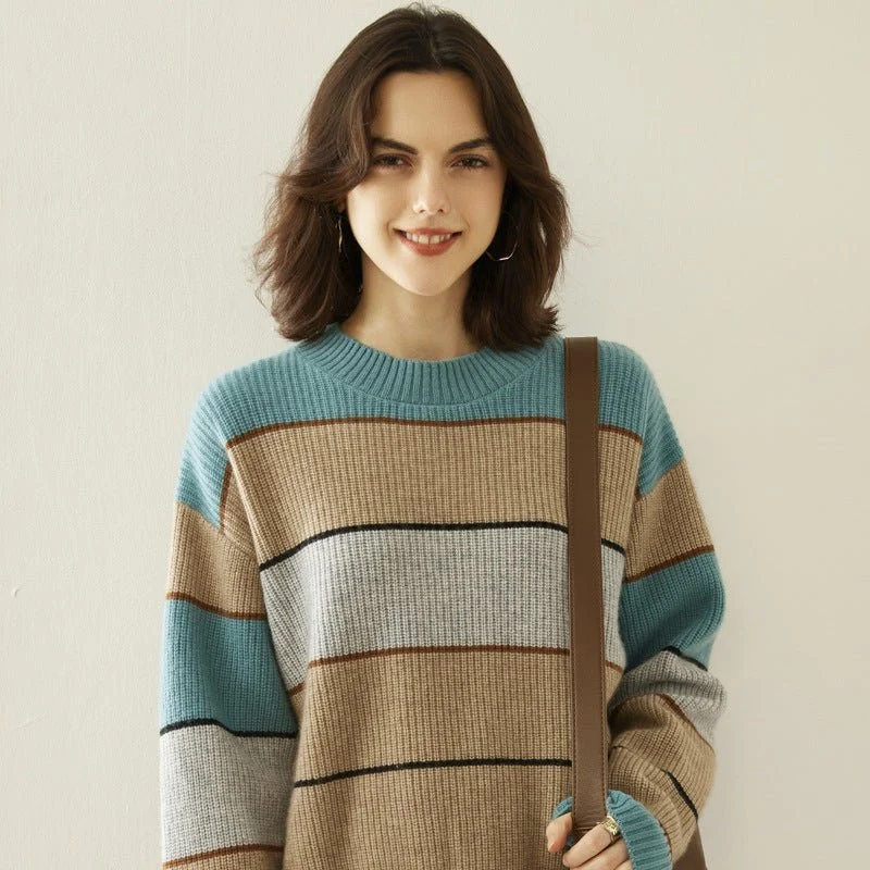 Lady Sweater Sweater de cachemir a rayas Color Bloque de punto de punto - Imagen 8