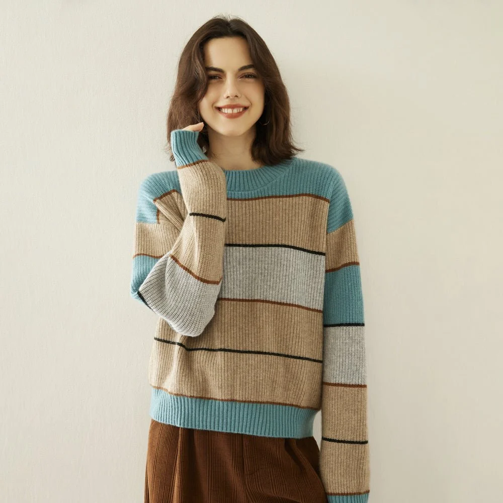 Lady Sweater Sweater de cachemir a rayas Color Bloque de punto de punto - Imagen 7
