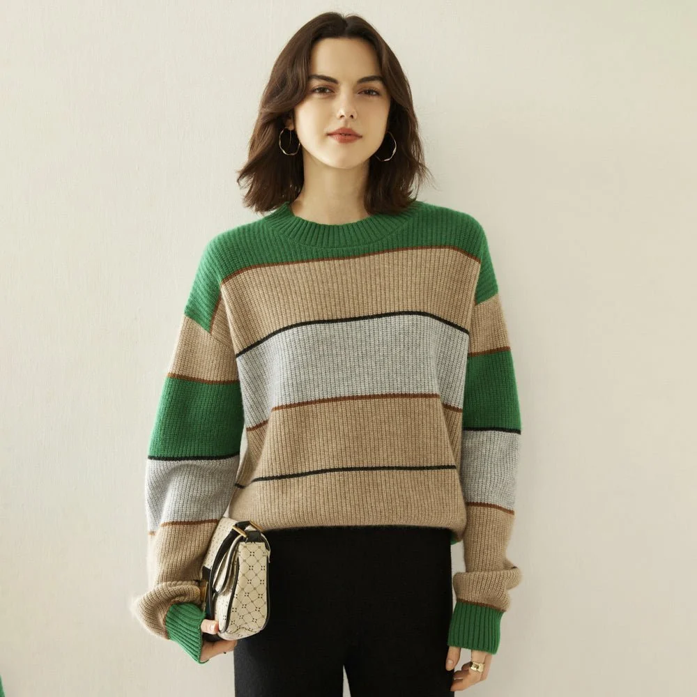 Lady Sweater Sweater de cachemir a rayas Color Bloque de punto de punto