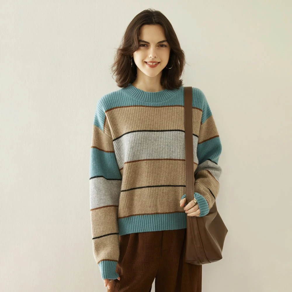 Lady Sweater Sweater de cachemir a rayas Color Bloque de punto de punto - Imagen 6