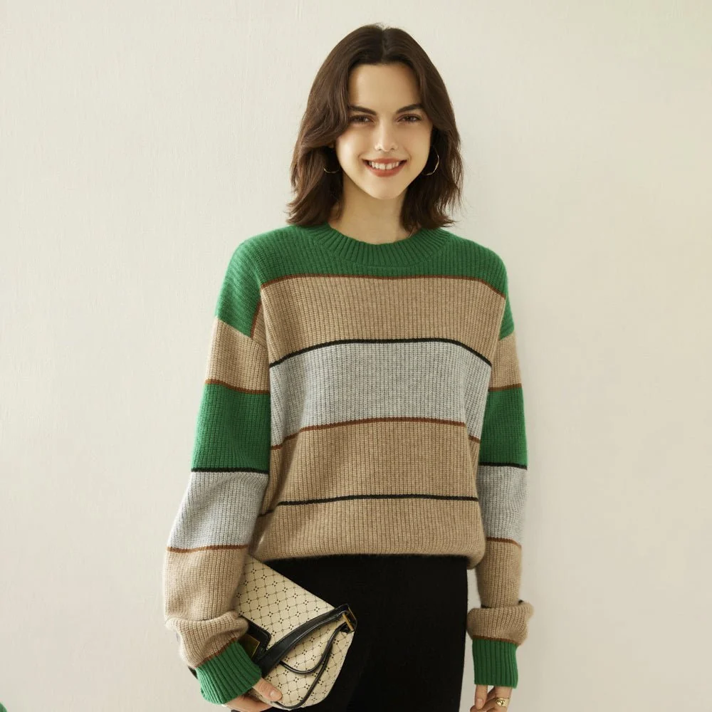 Lady Sweater Sweater de cachemir a rayas Color Bloque de punto de punto - Imagen 4