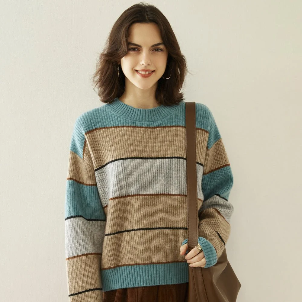 Lady Sweater Sweater de cachemir a rayas Color Bloque de punto de punto - Imagen 5