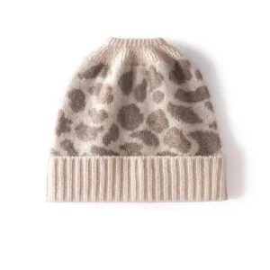 Gorro de cachemira con jacquard de leopardo para mujer Gorro de cachemira de punto acanalado