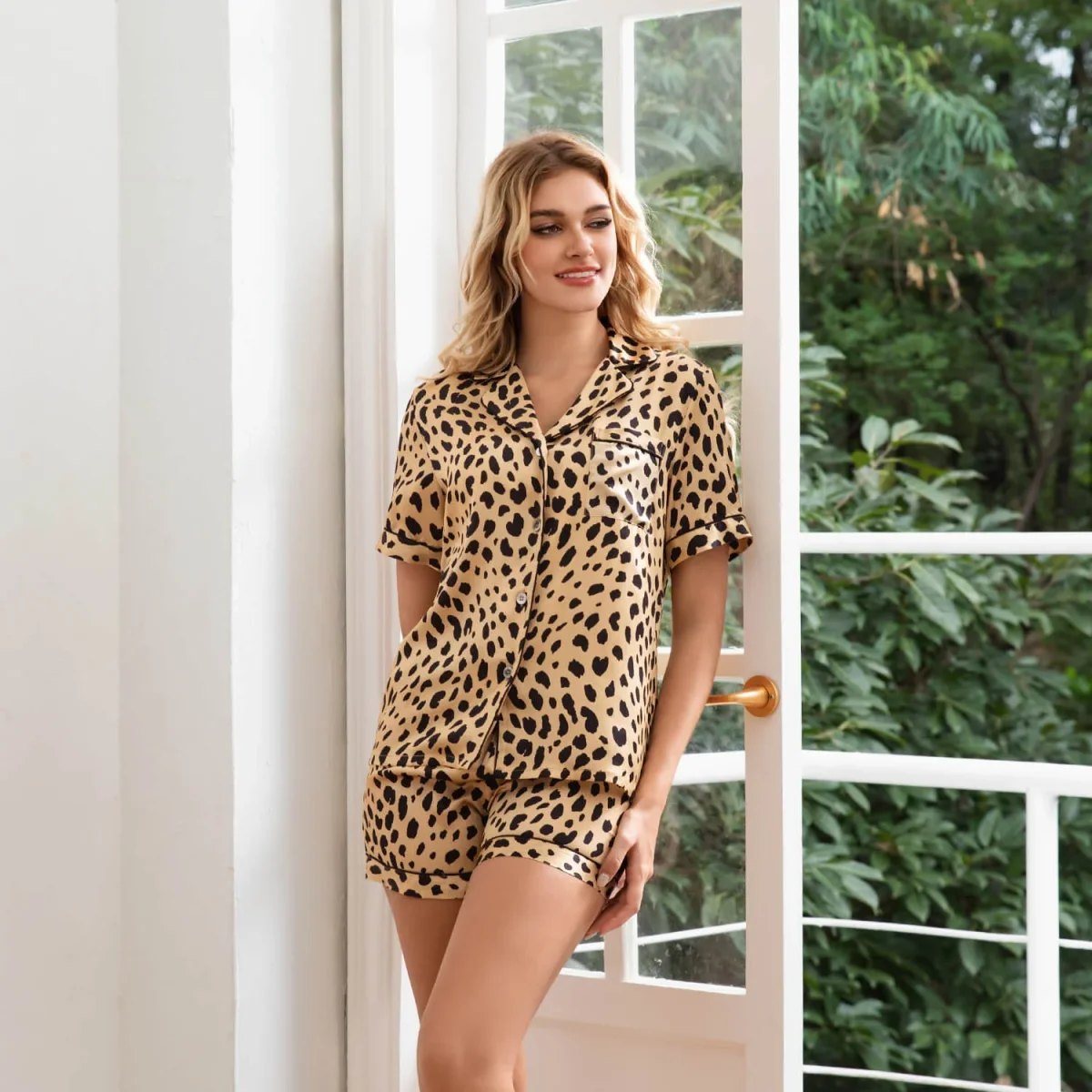 Pijamas de seda con estampado de leopardo para mujer Ropa de dormir corta de seda - Imagen 7