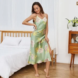 Camisón de seda largo con estampado de flores Camisón sexy con cuello en V para mujer