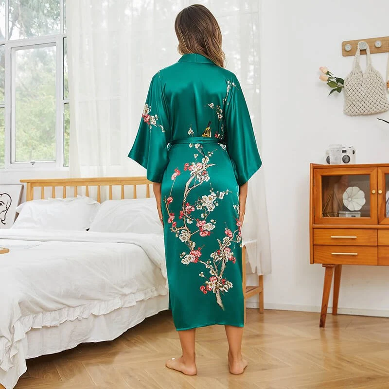 Kimono de seda larga para mujeres Impresión de brote de cerezo de cerezo - Imagen 4