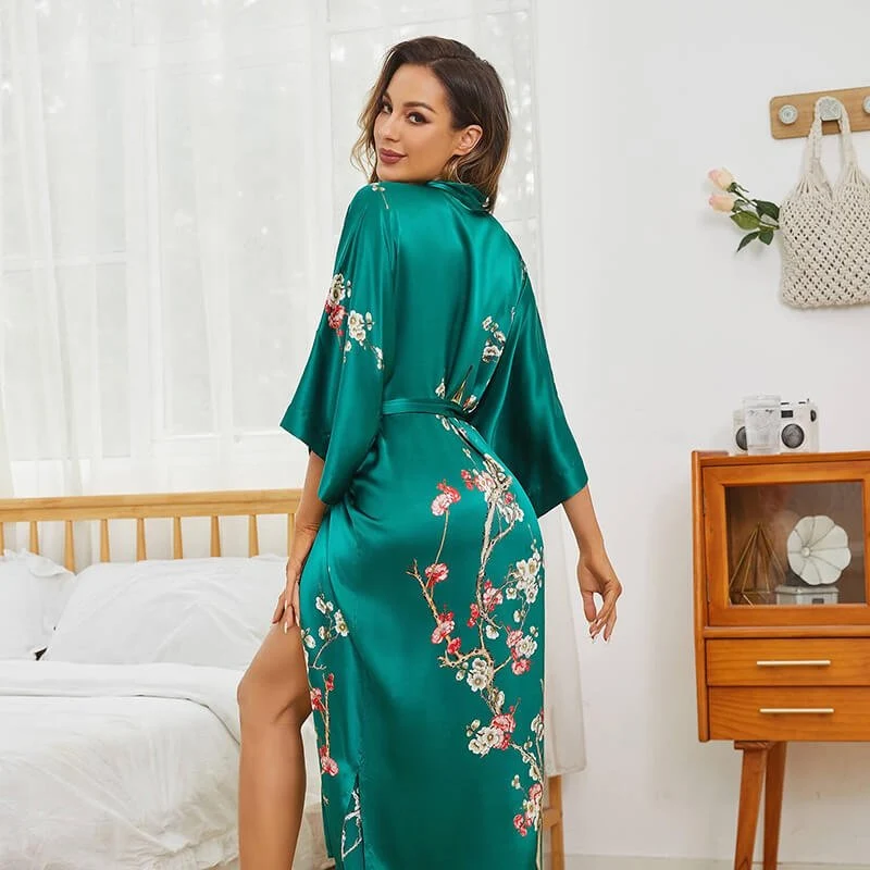 Kimono de seda larga para mujeres Impresión de brote de cerezo de cerezo - Imagen 3
