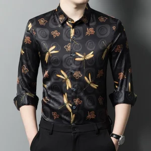 Camisas de seda de manga larga para hombres camisa de vestir con estampado de libélulas de seda