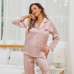 Conjunto de pijama de seda clásico Pijamas de seda de manga larga para mujer