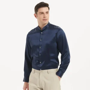 Camisa de seda de lujo para hombres Copas de seda de manga larga sin cuello
