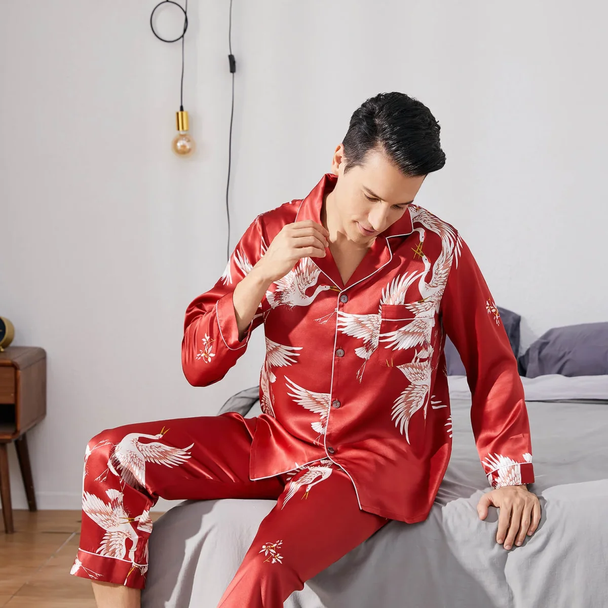 Hombres estampados de pijama de seda larga set de seda pura ropa de dormir de seda pura - Imagen 3