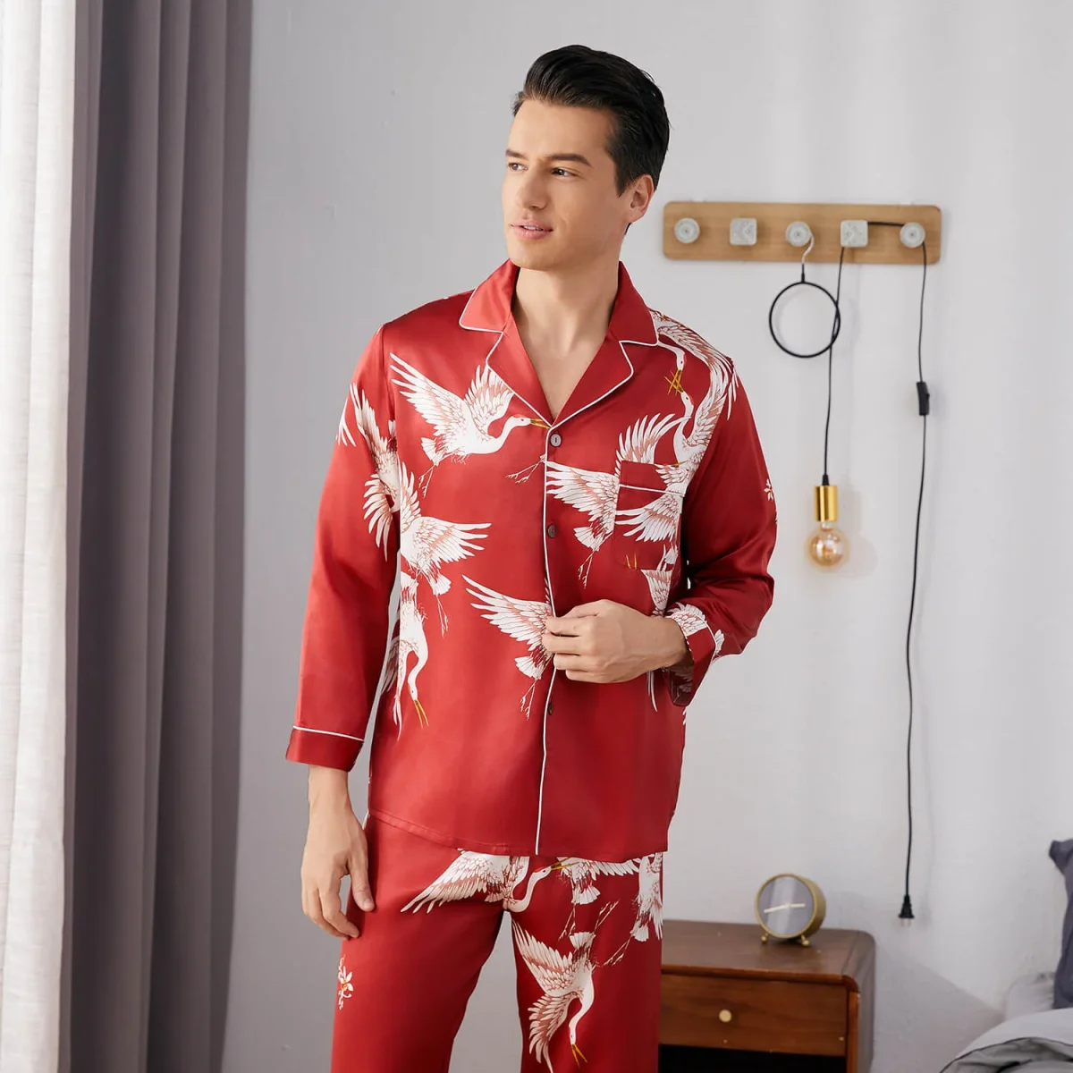 Hombres estampados de pijama de seda larga set de seda pura ropa de dormir de seda pura - Imagen 4