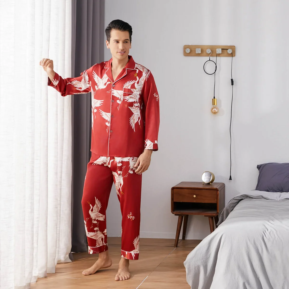 Hombres estampados de pijama de seda larga set de seda pura ropa de dormir de seda pura - Imagen 5
