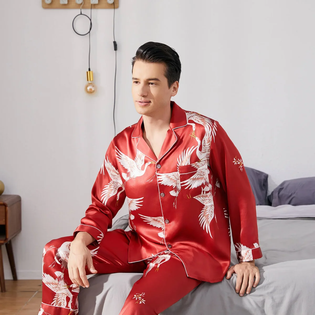Hombres estampados de pijama de seda larga set de seda pura ropa de dormir de seda pura - Imagen 2