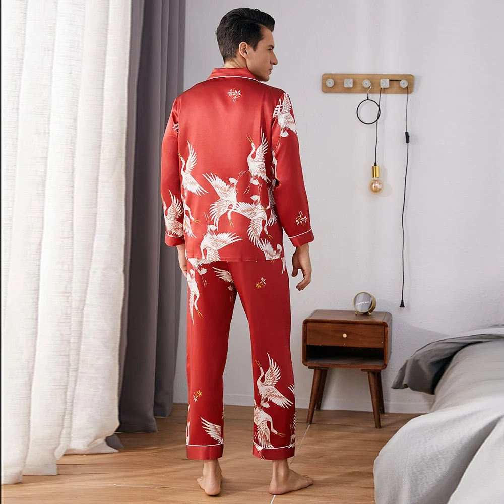 Hombres estampados de pijama de seda larga set de seda pura ropa de dormir de seda pura - Imagen 7