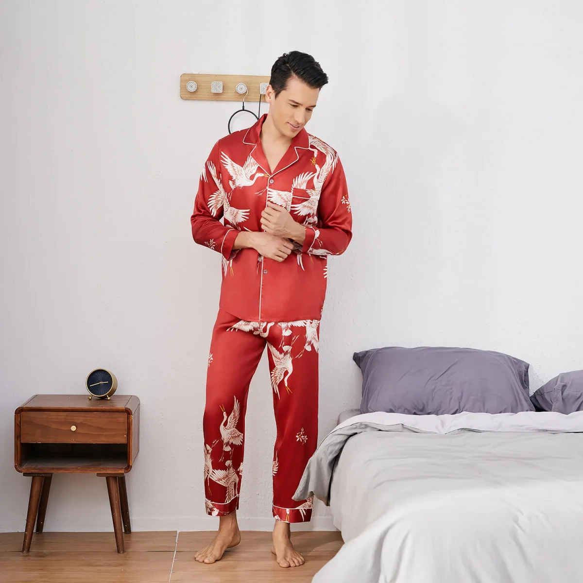 Hombres estampados de pijama de seda larga set de seda pura ropa de dormir de seda pura - Imagen 9