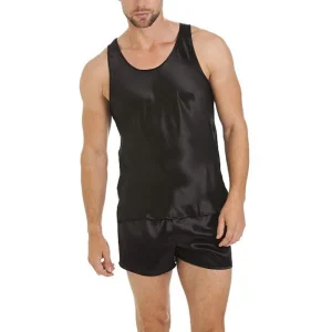 Conjunto de camiseta sin mangas de seda para hombre, pantalones cortos, ropa de dormir de seda sin mangas