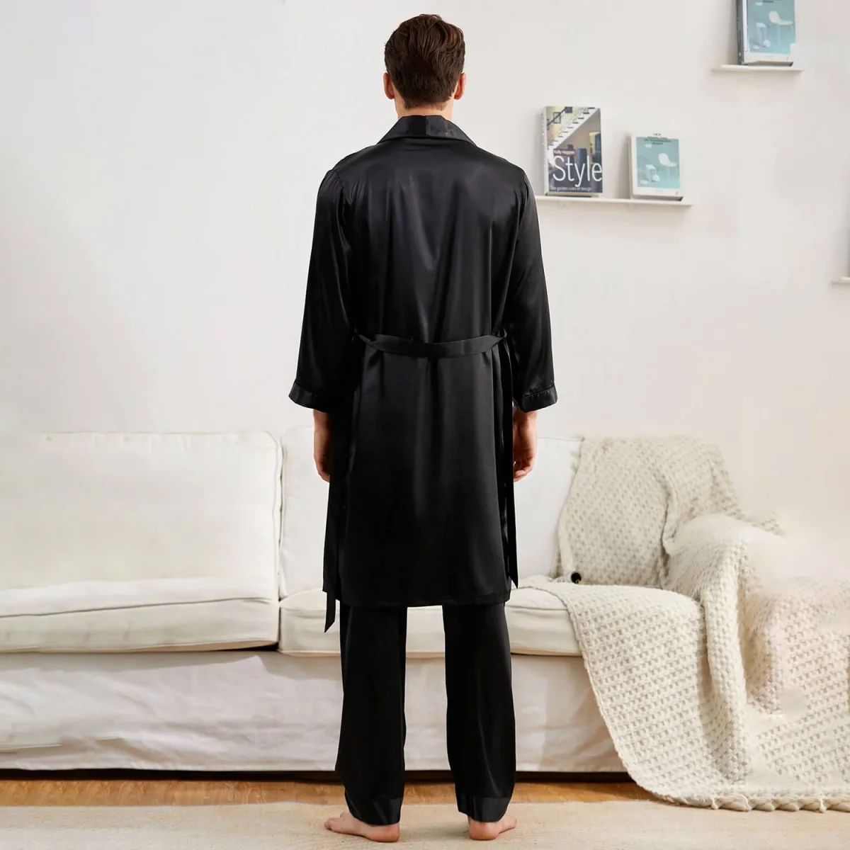 Bata de seda para hombres con pantalones de baño de seda Conjunto de ropa de dormir - Imagen 3