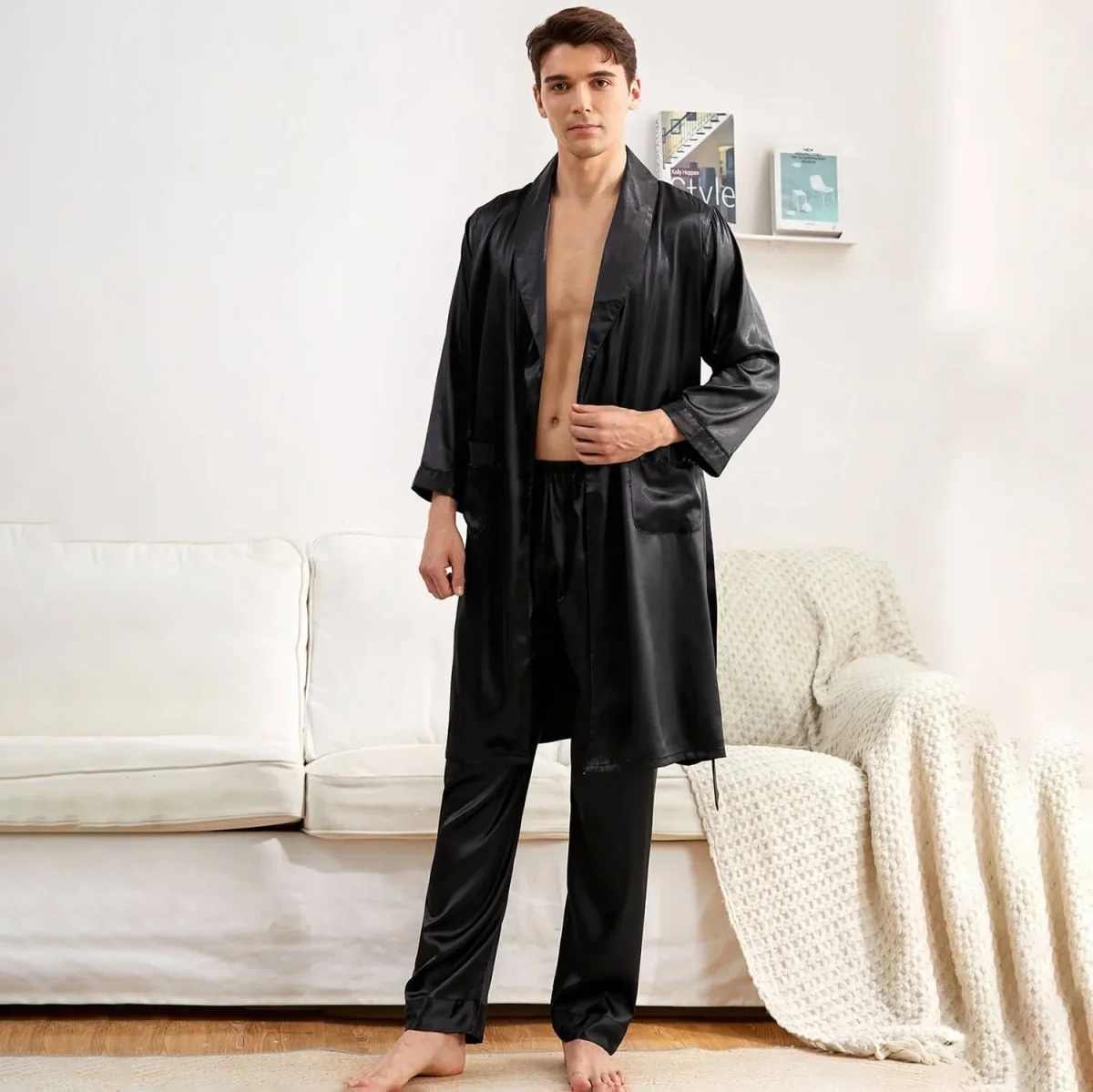 Bata de seda para hombres con pantalones de baño de seda Conjunto de ropa de dormir - Imagen 2