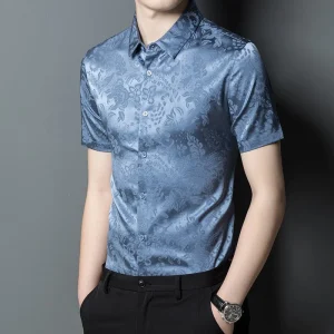 Camisas de seda con botones para hombre Camisa de vestir de seda con estampado floral de manga corta