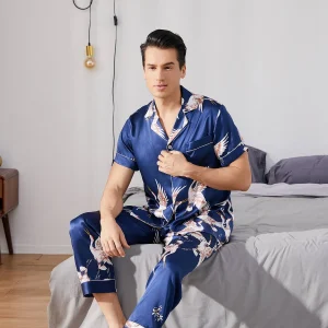 Conjunto de pijama de seda con estampado de grullas para hombre Ropa de dormir 100% seda