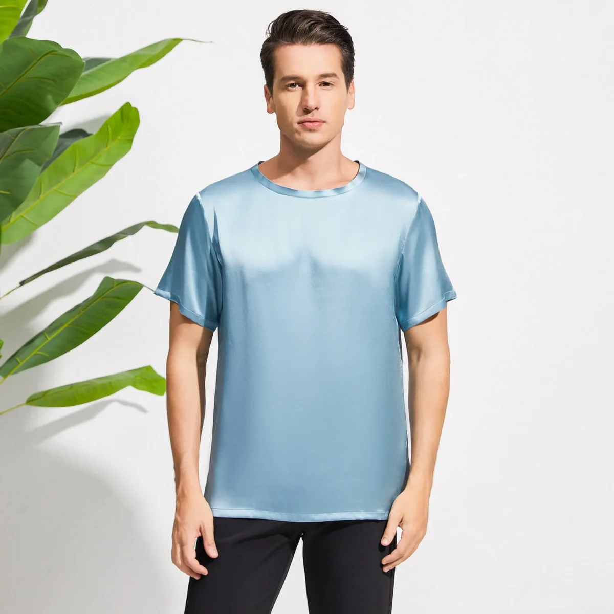 Camiseta de seda de cuello de la tripulación para hombres Camiseta redonda de seda de manga corta - Imagen 7