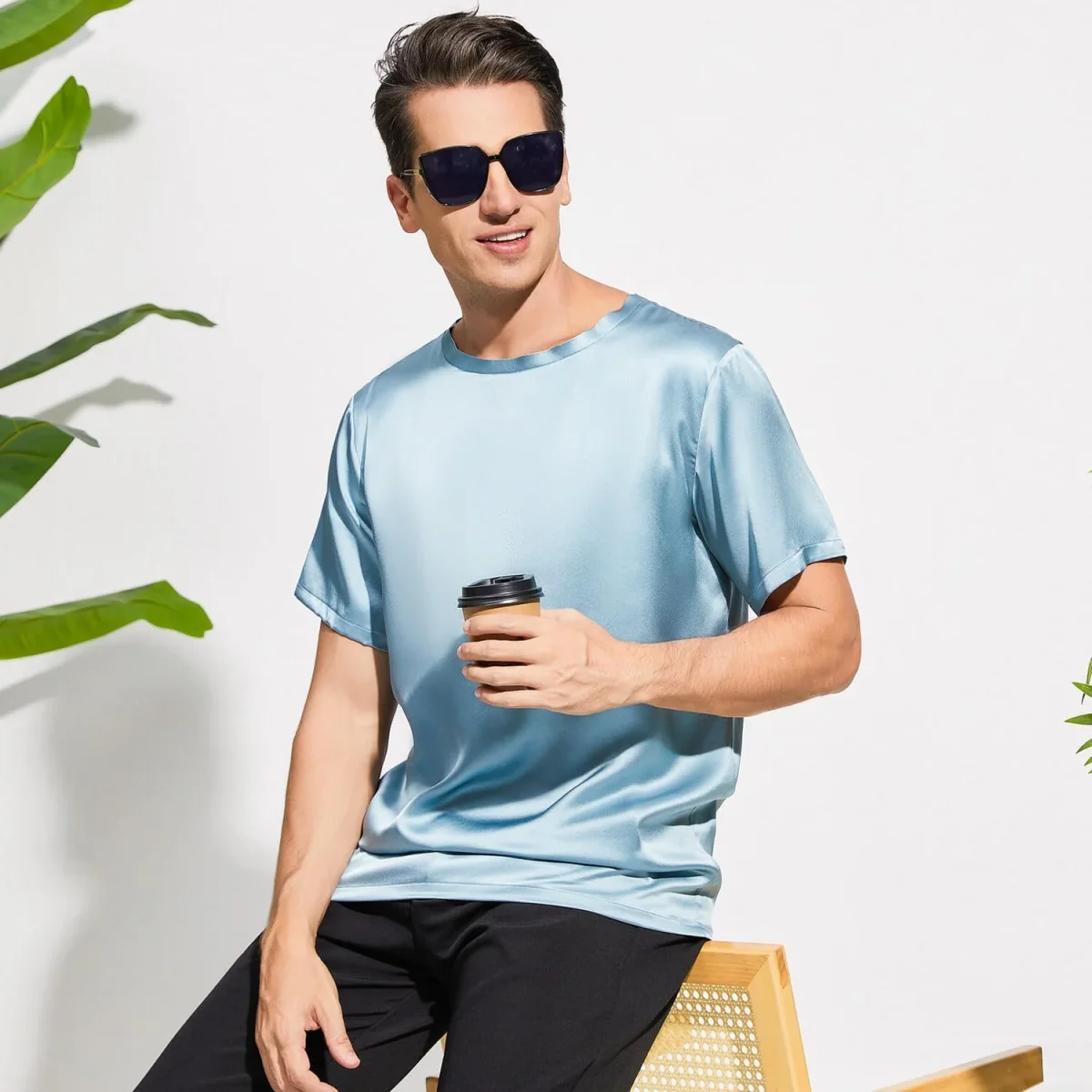 Camiseta de seda de cuello de la tripulación para hombres Camiseta redonda de seda de manga corta - Imagen 8