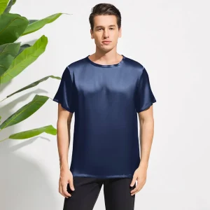 Camiseta de seda de cuello de la tripulación para hombres Camiseta redonda de seda de manga corta