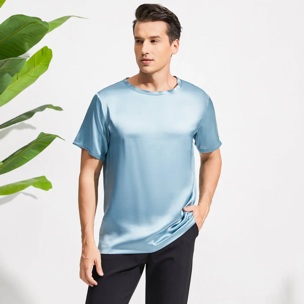 Camiseta de seda de cuello de la tripulación para hombres Camiseta redonda de seda de manga corta - Imagen 4