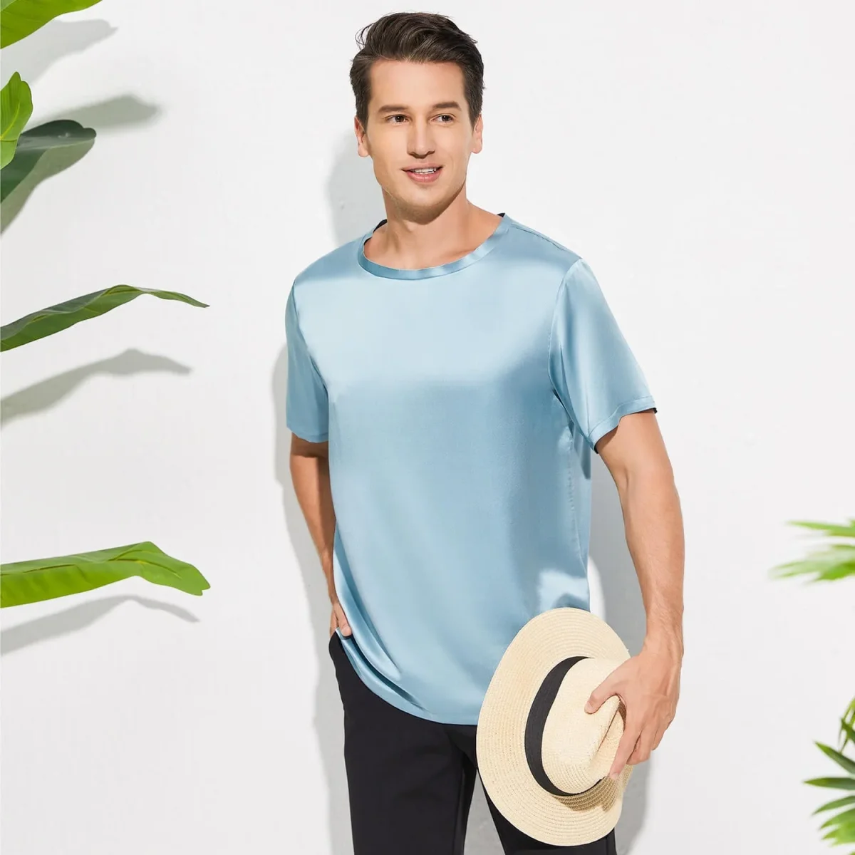Camiseta de seda de cuello de la tripulación para hombres Camiseta redonda de seda de manga corta - Imagen 6