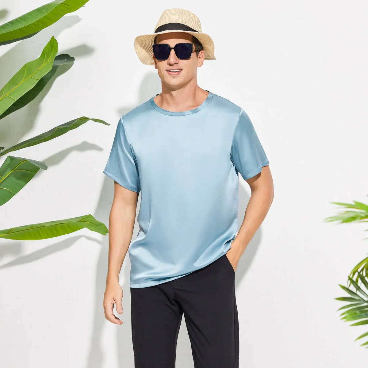 Camiseta de seda de cuello de la tripulación para hombres Camiseta redonda de seda de manga corta - Imagen 3
