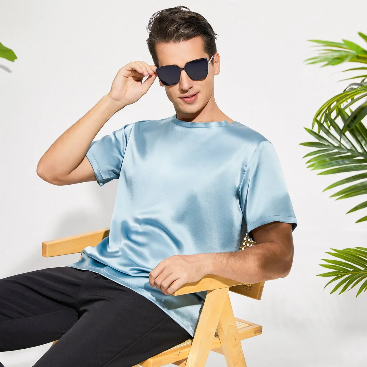 Camiseta de seda de cuello de la tripulación para hombres Camiseta redonda de seda de manga corta - Imagen 9