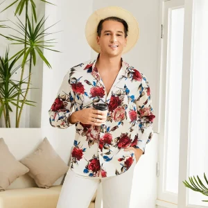 Camisa de vestir con botones y camisas de seda con estampado de flores para hombre