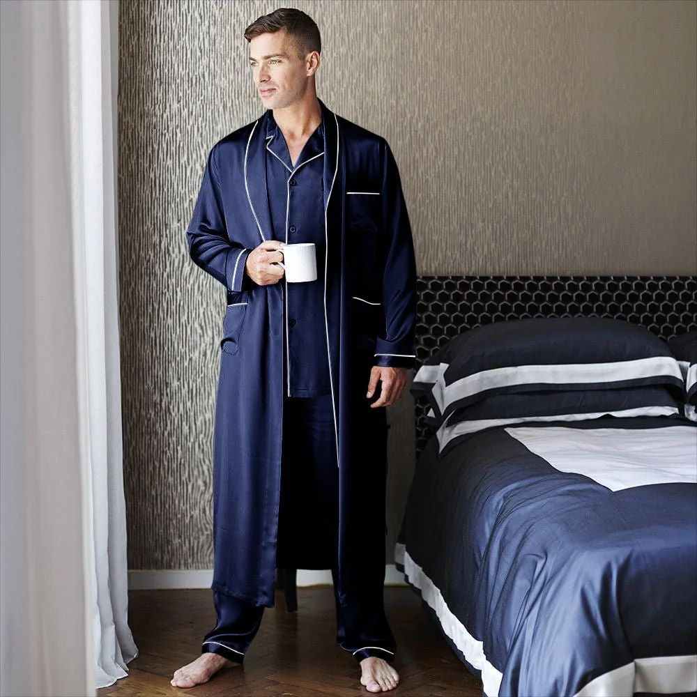 Pajama de seda largo para hombre Juego de sueño de seda de longitud completa - Imagen 9