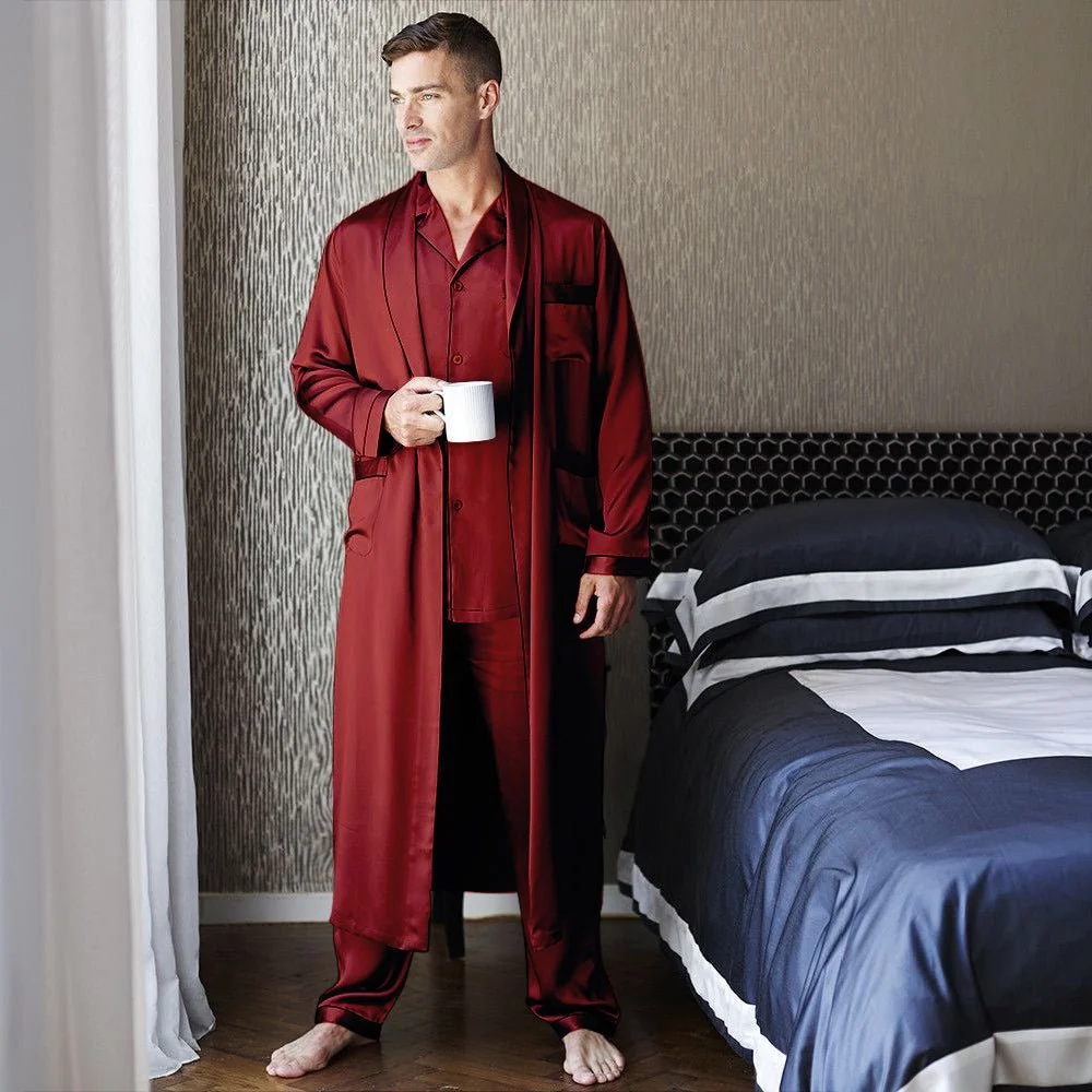 Pajama de seda largo para hombre Juego de sueño de seda de longitud completa - Imagen 5
