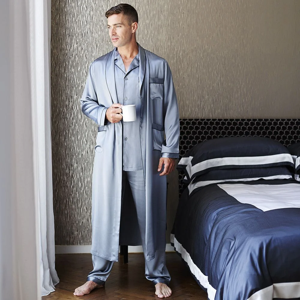 Pajama de seda largo para hombre Juego de sueño de seda de longitud completa - Imagen 3