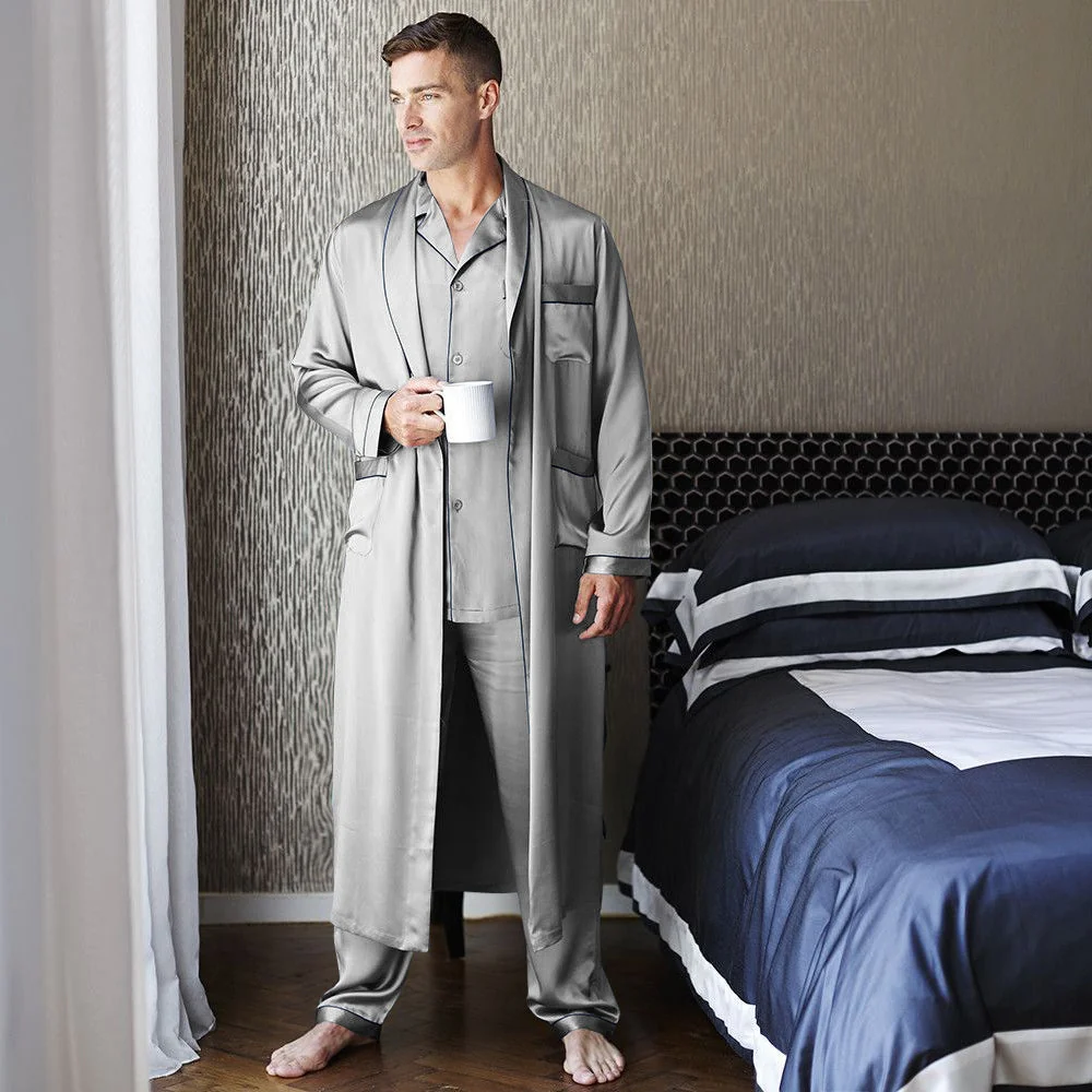 Pajama de seda largo para hombre Juego de sueño de seda de longitud completa - Imagen 7