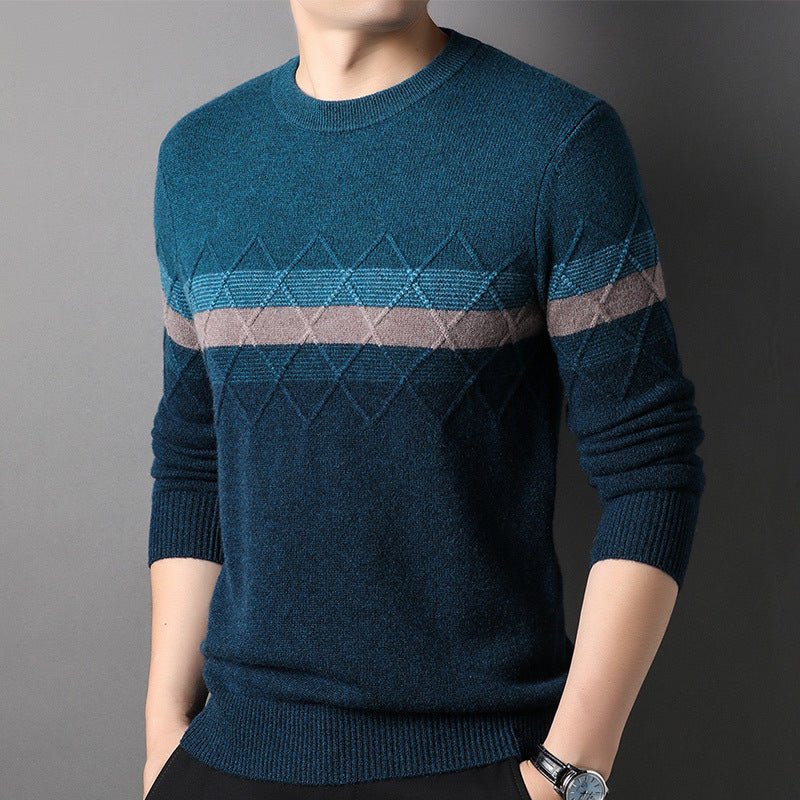 Suéter de cachemira pura con estampado de diamantes y bloques de color para hombre con cuello redondo - Imagen 4
