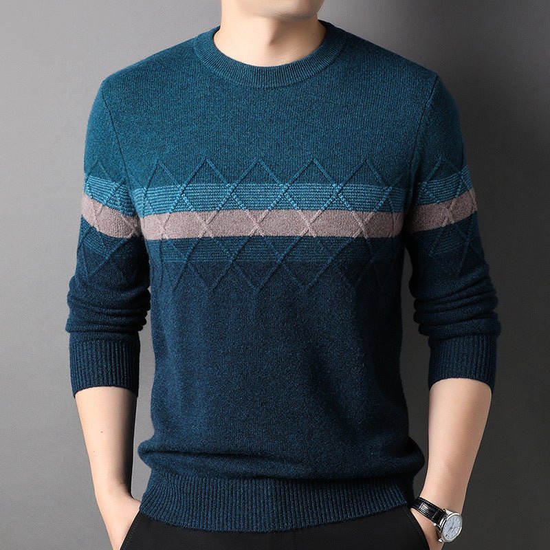 Suéter de cachemira pura con estampado de diamantes y bloques de color para hombre con cuello redondo - Imagen 5