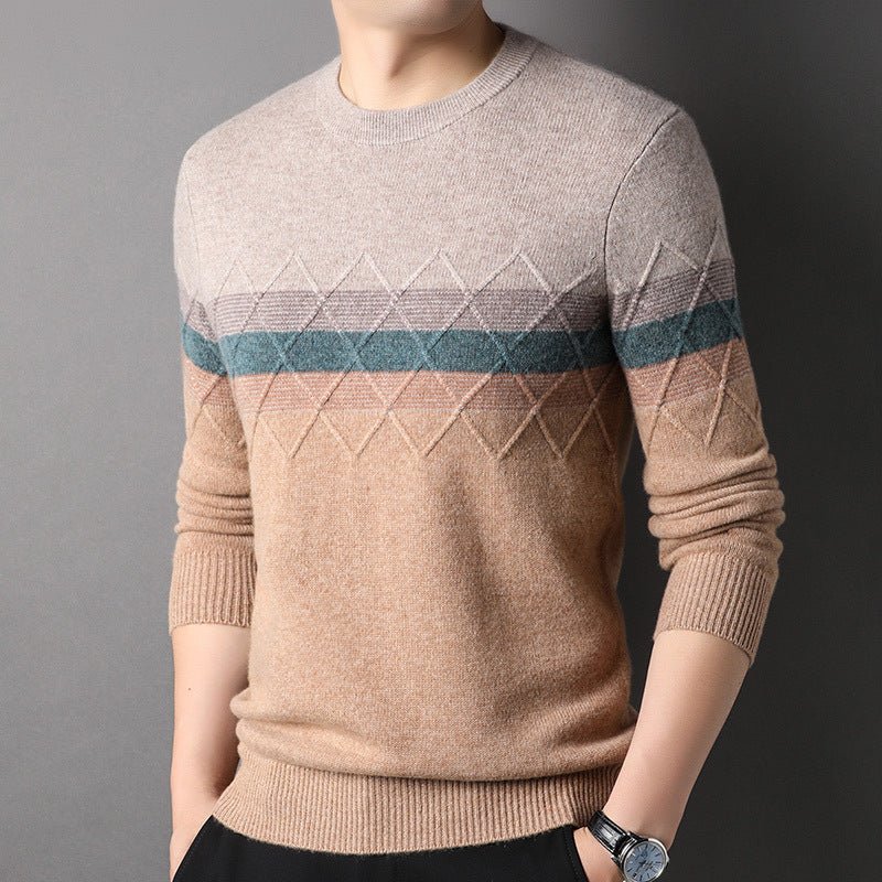 Suéter de cachemira pura con estampado de diamantes y bloques de color para hombre con cuello redondo