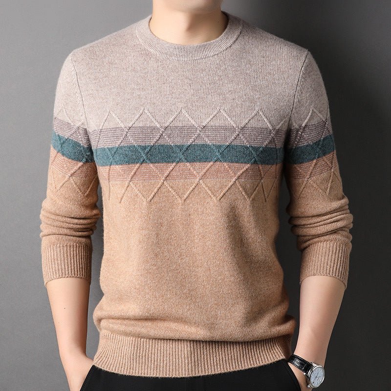 Suéter de cachemira pura con estampado de diamantes y bloques de color para hombre con cuello redondo - Imagen 3