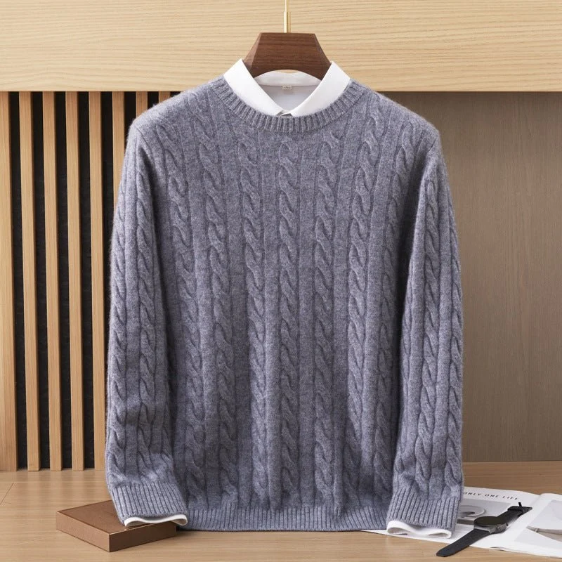 Suéter de cachemira de punto de cable para hombre Sudaderas de manga larga con cuello redondo - Imagen 2