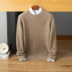 Suéter de cachemira de punto trenzado para hombre Cuello redondo Dobladillo acanalado Punto suave