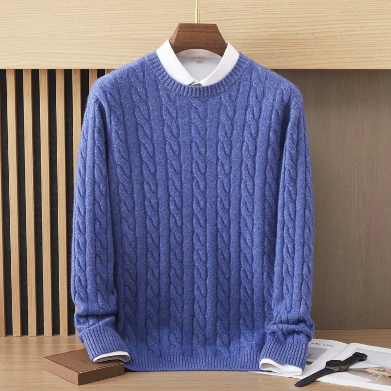 Suéter de cachemira de punto de cable para hombre Sudaderas de manga larga con cuello redondo - Imagen 4
