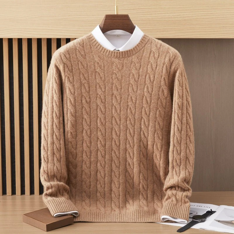 Suéter de cachemira de punto de cable para hombre Sudaderas de manga larga con cuello redondo - Imagen 3