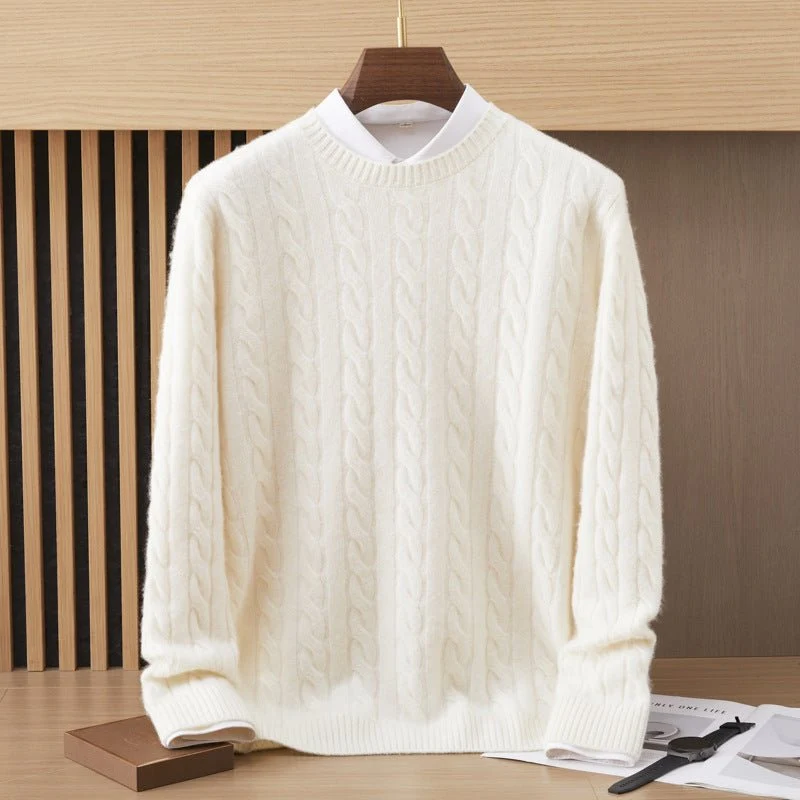 Suéter de cachemira de punto de cable para hombre Sudaderas de manga larga con cuello redondo - Imagen 5
