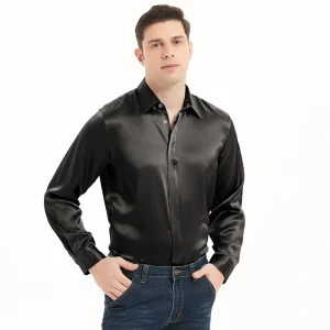 Camisas de seda para hombre camisa de seda de la seda escondida camisa de seda negra para hombres