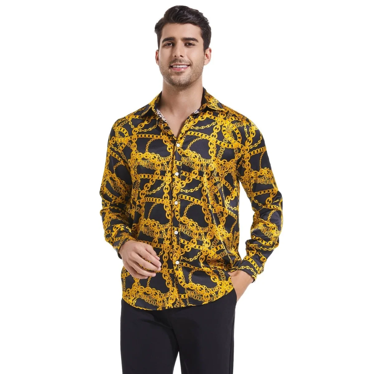 Botón de estampado de cadenas doradas para hombres con camisa de seda de manga larga - Imagen 4