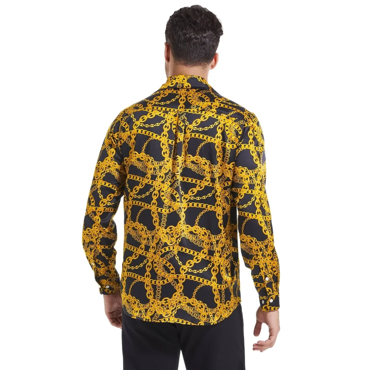 Botón de estampado de cadenas doradas para hombres con camisa de seda de manga larga - Imagen 3
